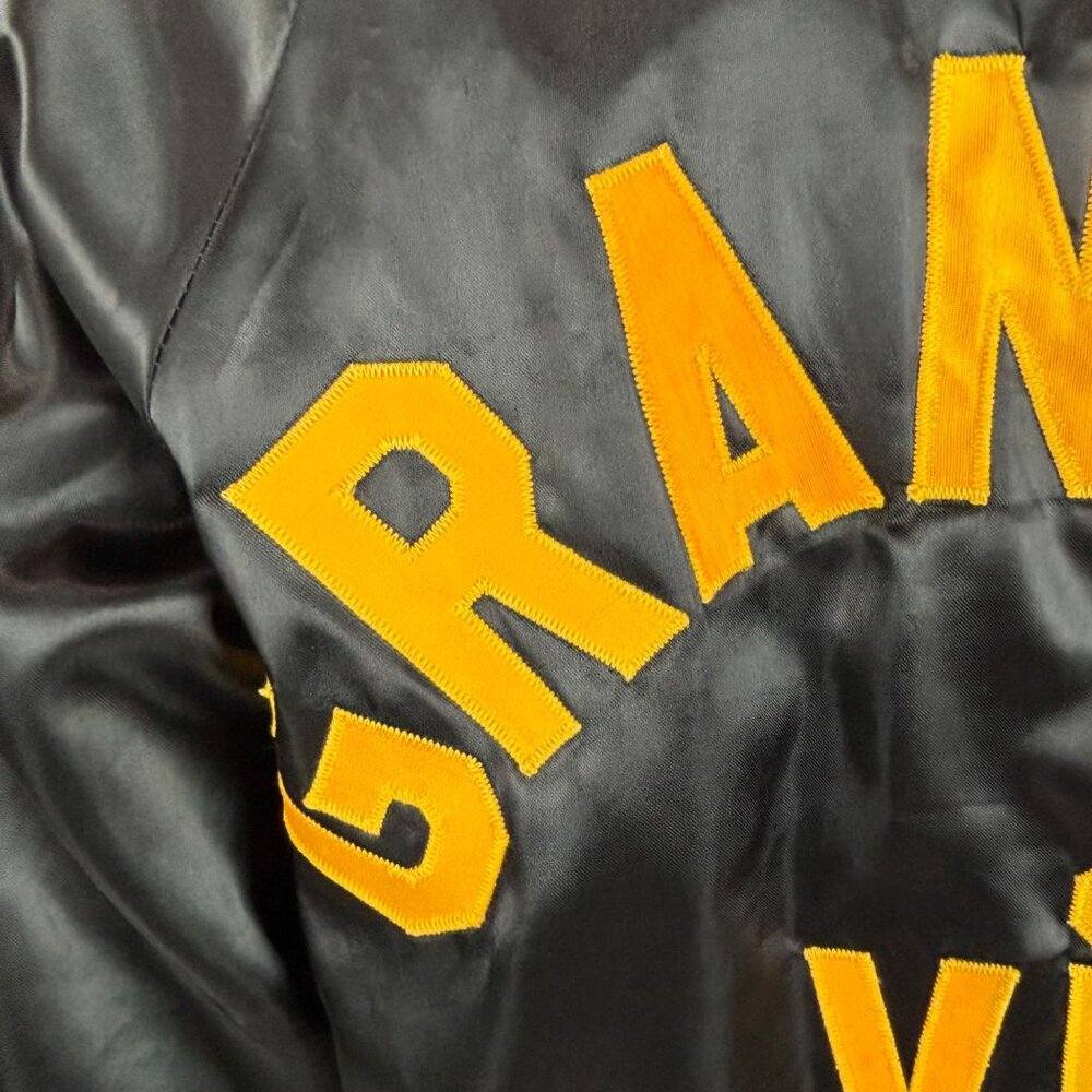 Vintage 80s Satin Bomber Women's Small Grandma VI Lettered Black Button Up Jacke - Picture 9 of 11